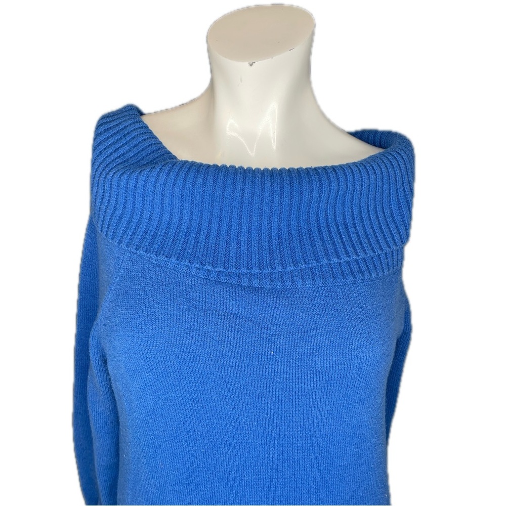 BCBG Max Azria Off Shoulder Tunic Sweater Blue Cowl Neck One Shoulder Size Large